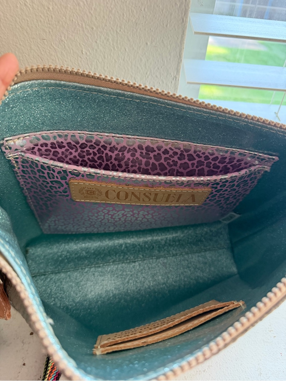 Taupe Leather Crossbody Bag with Colorful Woven Strap - Picture 8 of 13